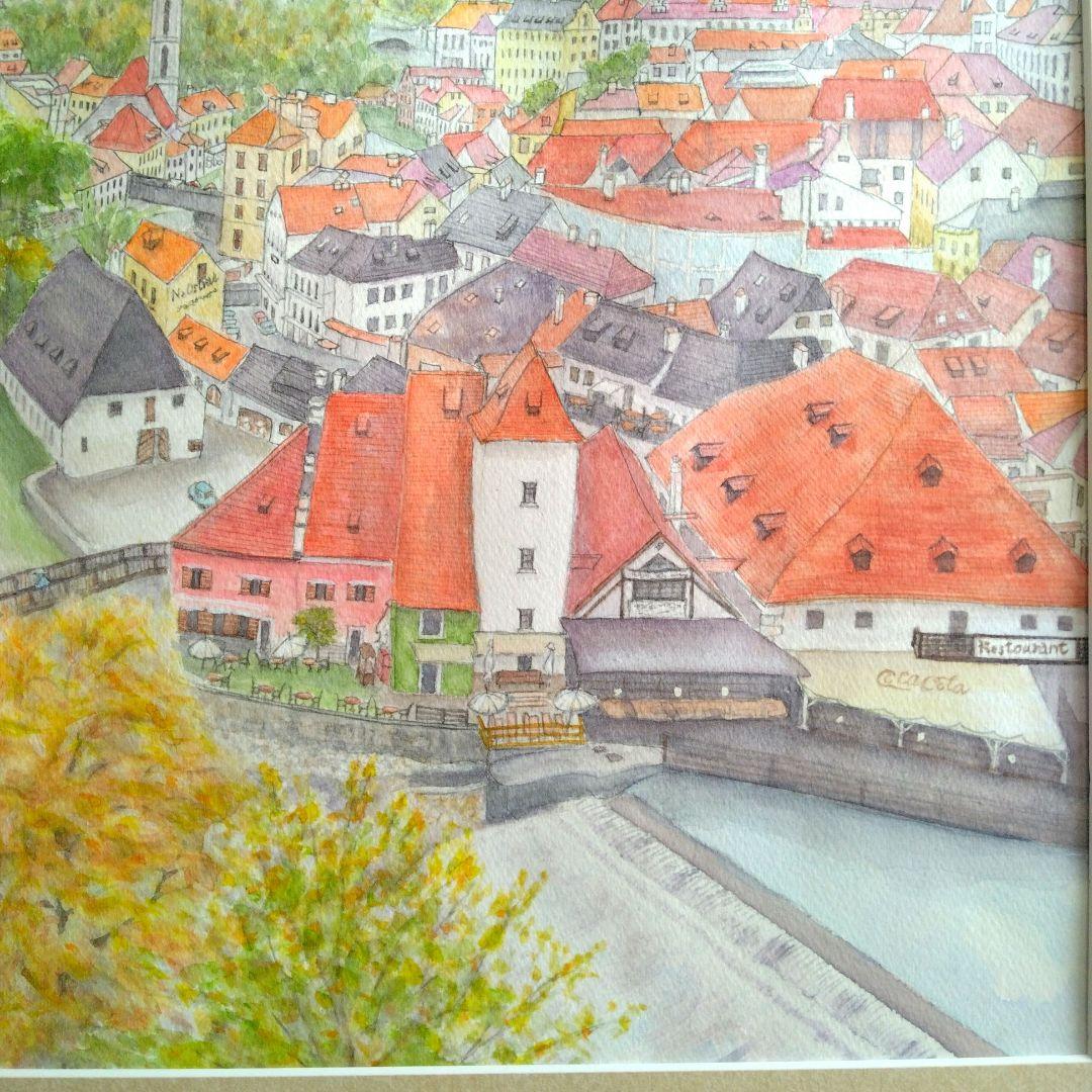 風景画　水彩画　チェスキー・クロムロフ(チェコ)の町並を望む