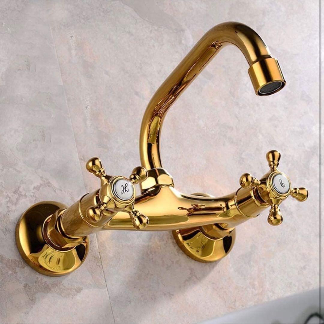 AZOS ゴールド 混合水洗 蛇口 レトロ