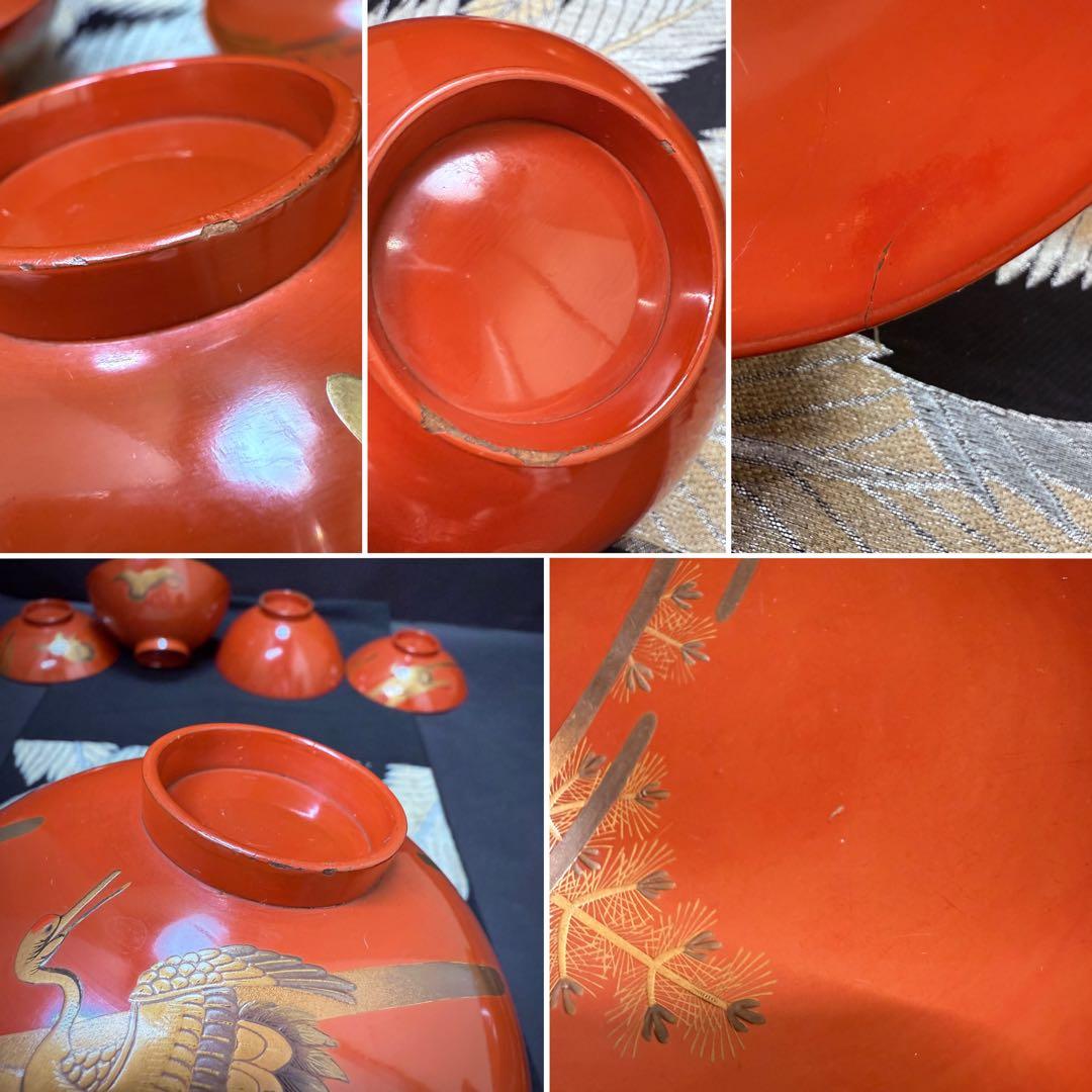 漆器　輪島塗　金蒔絵松鶴文　木製　蓋付椀　お煮物椀　吸物椀　5客　骨董品