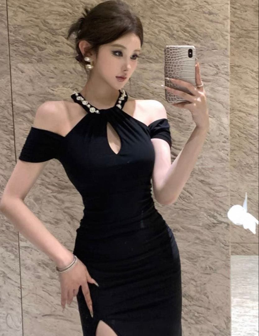 韓国 服 レディース ワンピース 黒 パーティードレス ロング 人気 スリット