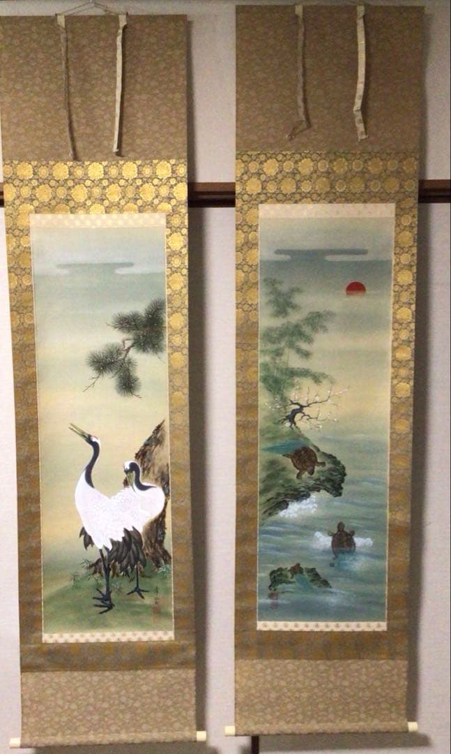 No5313 掛軸　双幅　銘有　国井孝雪　鶴亀之図　絹本　共箱　縁起物　送料無料