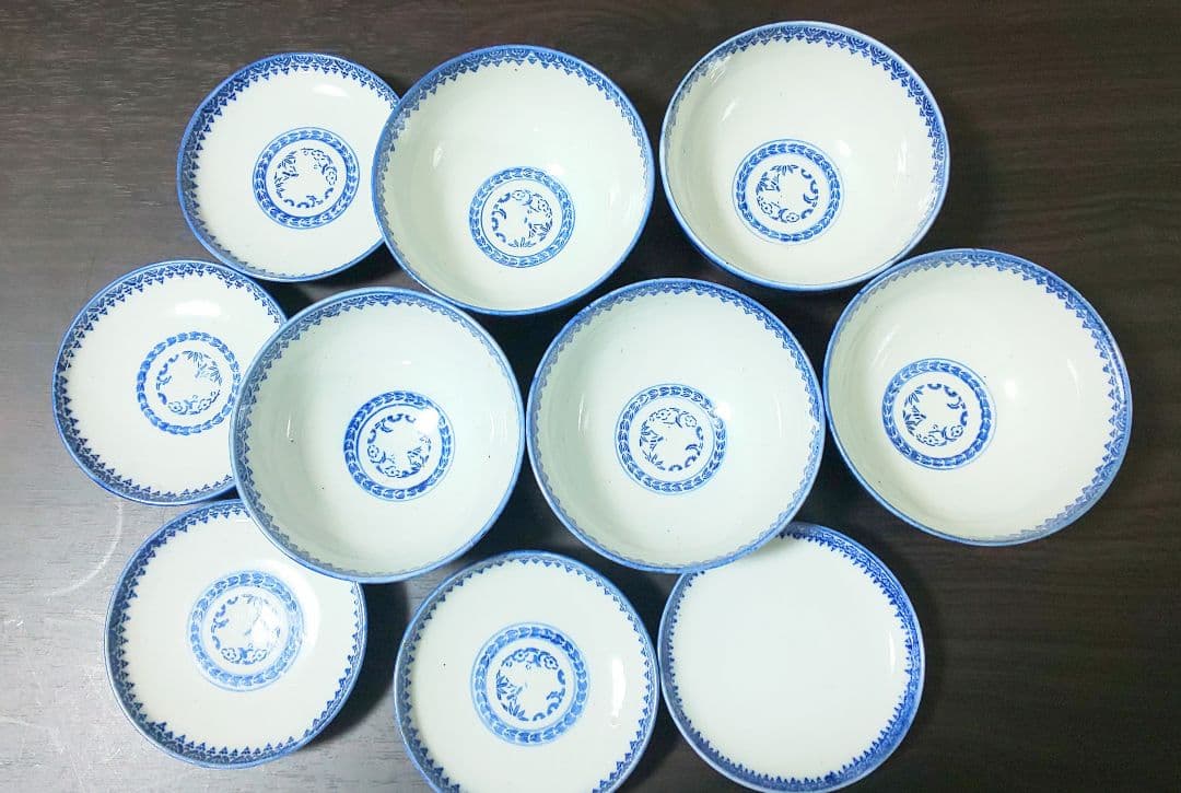 伊万里焼 明治時代 染付 微塵唐草 松竹梅 蓋付茶碗 ５客セット