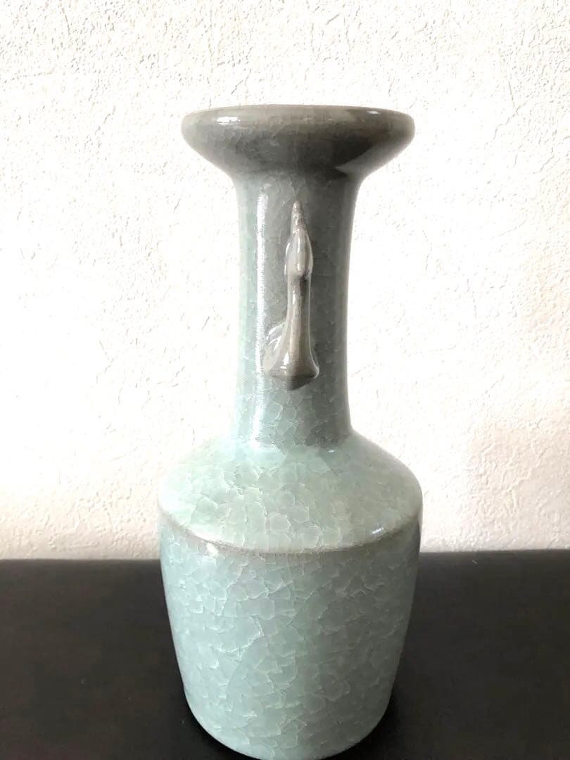 【未使用】軌窯　久田重義 作　青瓷鳳凰耳花生　希少　常滑焼　花入　花瓶