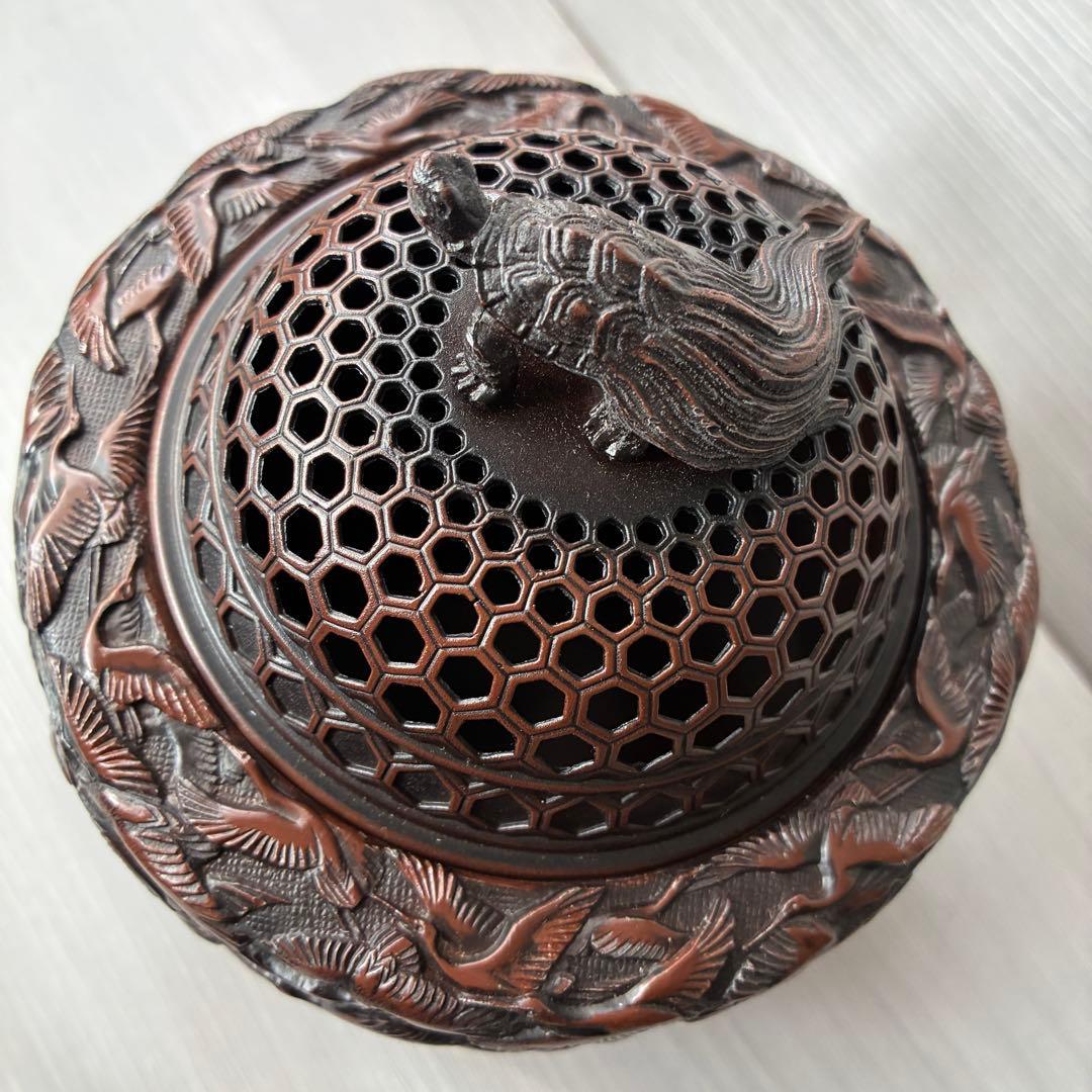 香炉　高岡銅器 彫金　佐野宏采　華鶴　亀　透かし蓋　茶道具　香道具