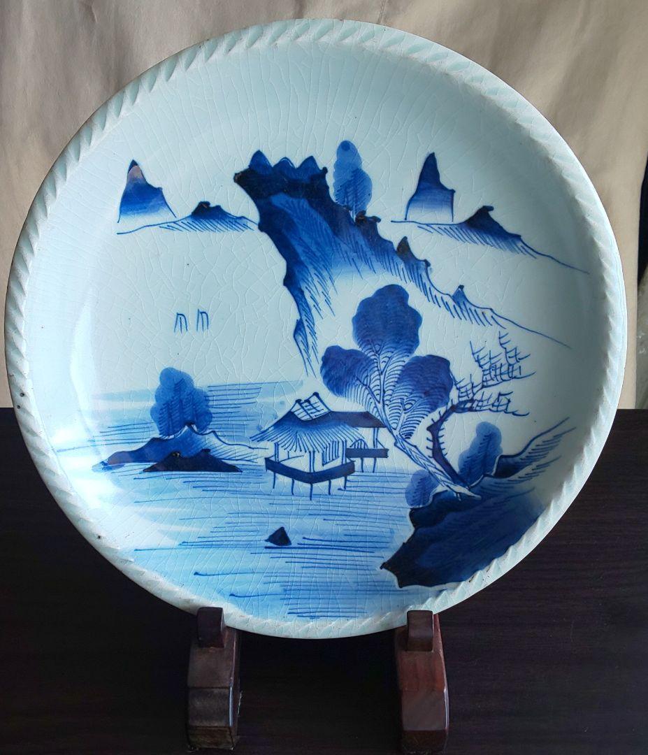 古伊万里 白磁大皿 江戸時代中期 白磁青い山水画大皿