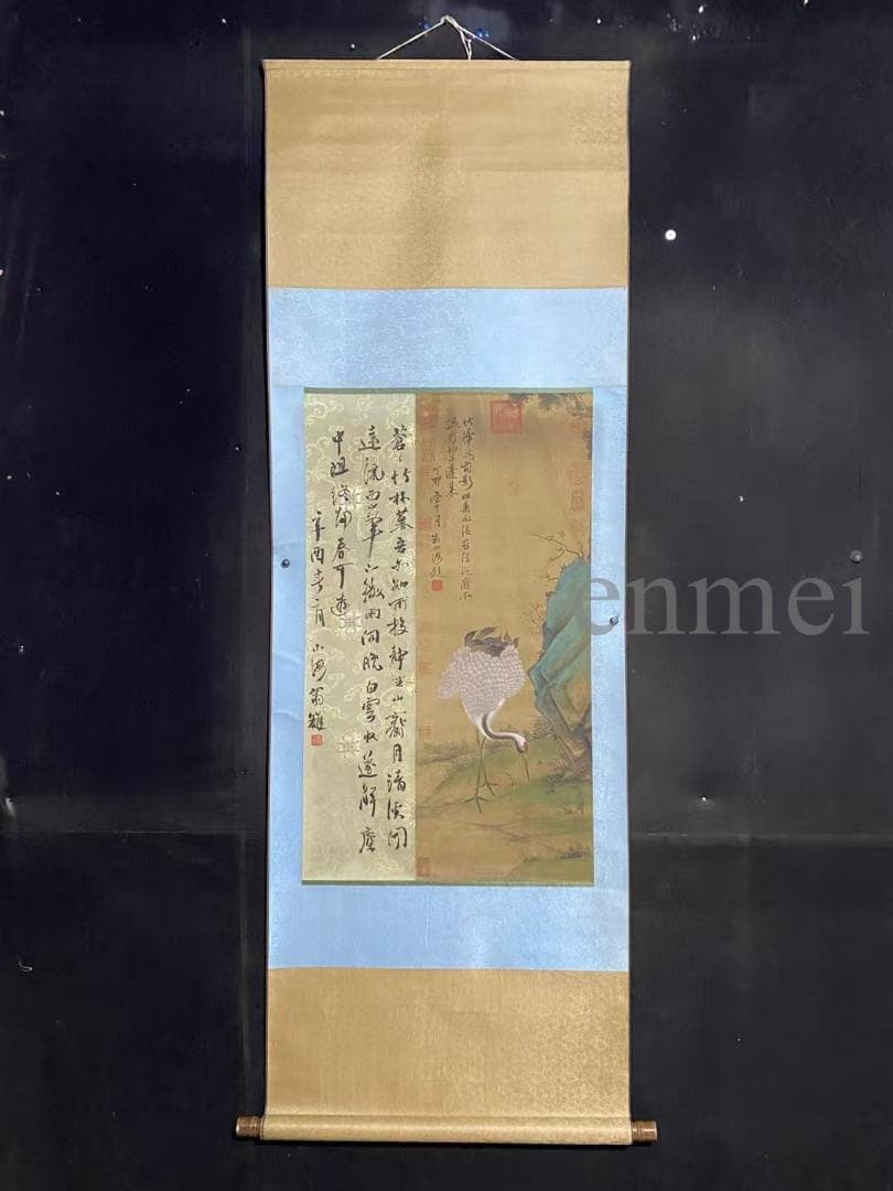 中国古美術・旧藏・沈周款・大三尺中堂鶴画・純手描き・絹本掛軸・明代水墨・收藏品