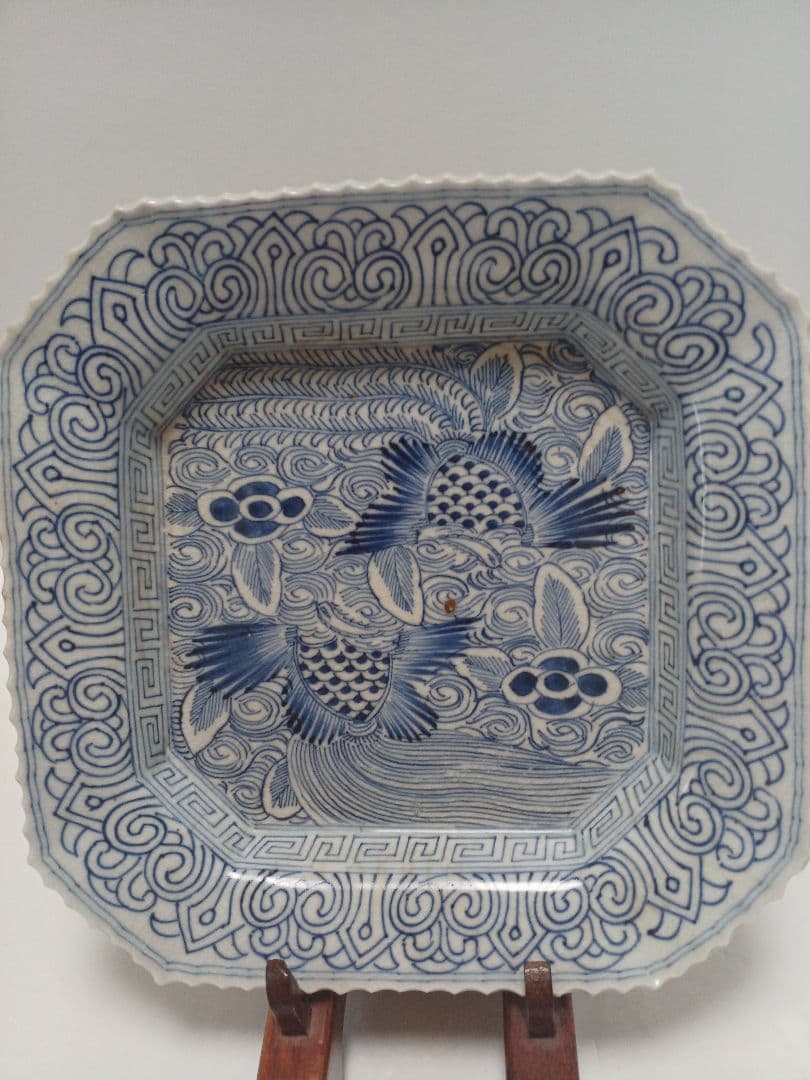 骨董伊万里　線描　染付　鳳凰文　角皿　隅切　1客