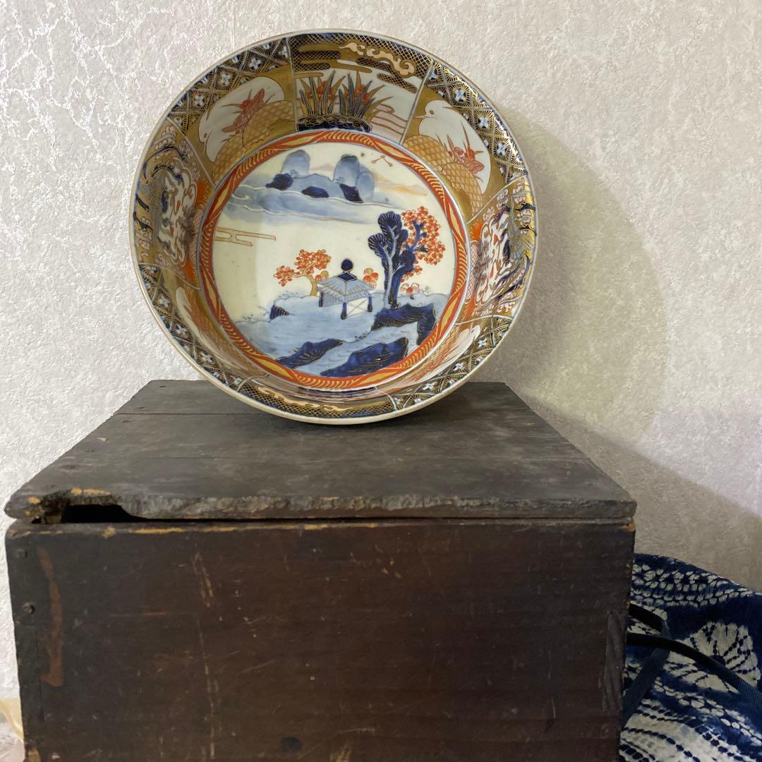 古伊万里　献上手深皿　金蘭手山水窓絵鉢