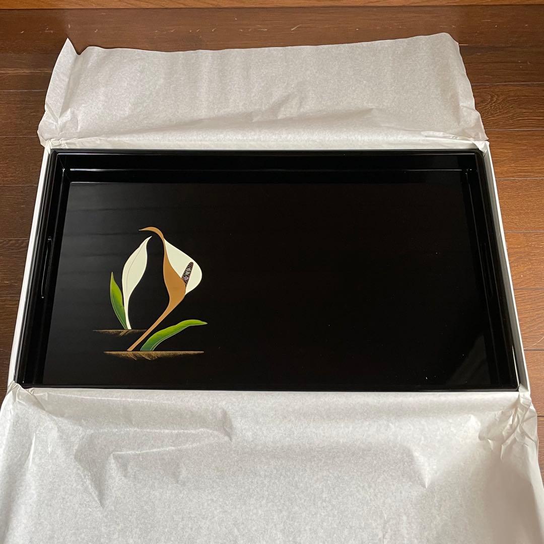 会津塗り 会津漆器 長手盆 長角盆 トレイ 黒塗り 水芭蕉 17.0