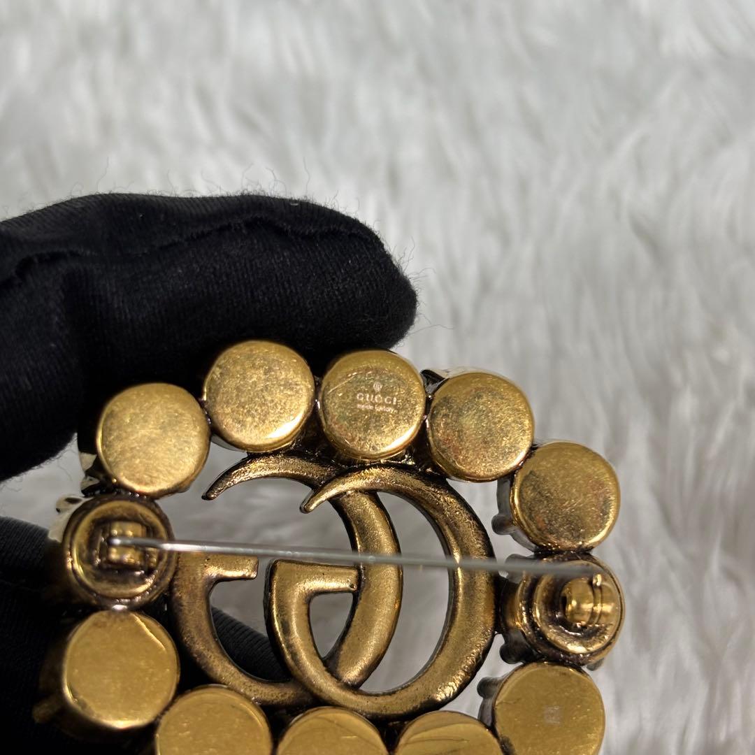 【美品】 グッチ ブローチ クリスタル メタル GG ダブルG シルバー