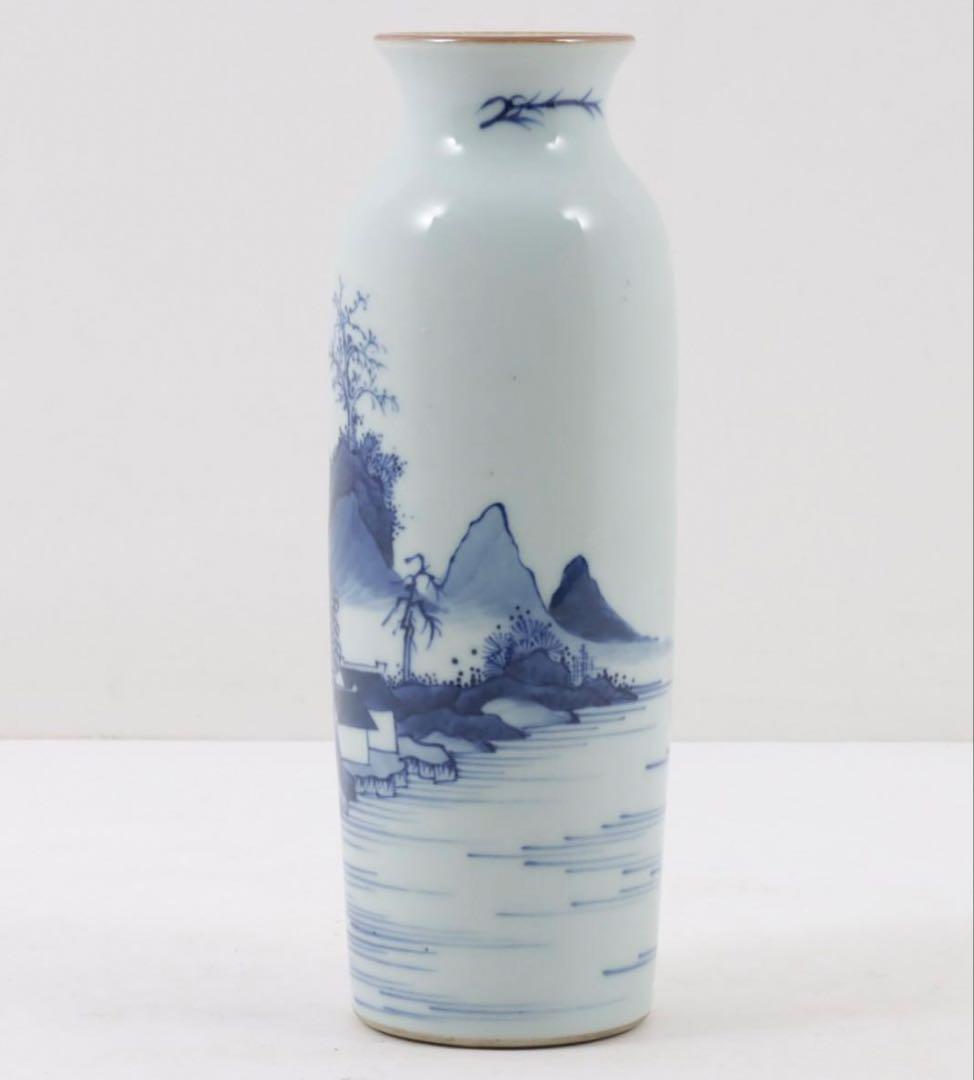 中国古美術品　清の早期　康熙　染付　青花風景筒瓶 H22.7×W7.9cm 合箱