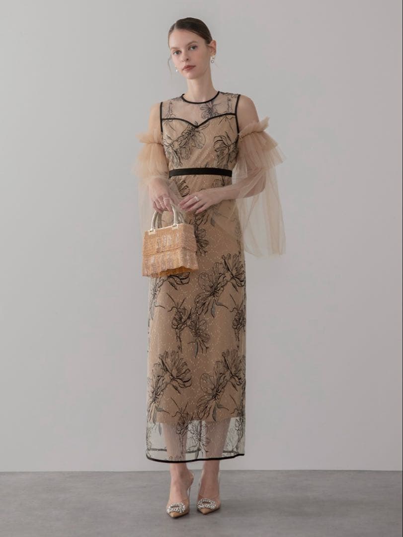 フラワーチュールフリルスリーブIラインワンピースドレス結婚式二次会パーティー