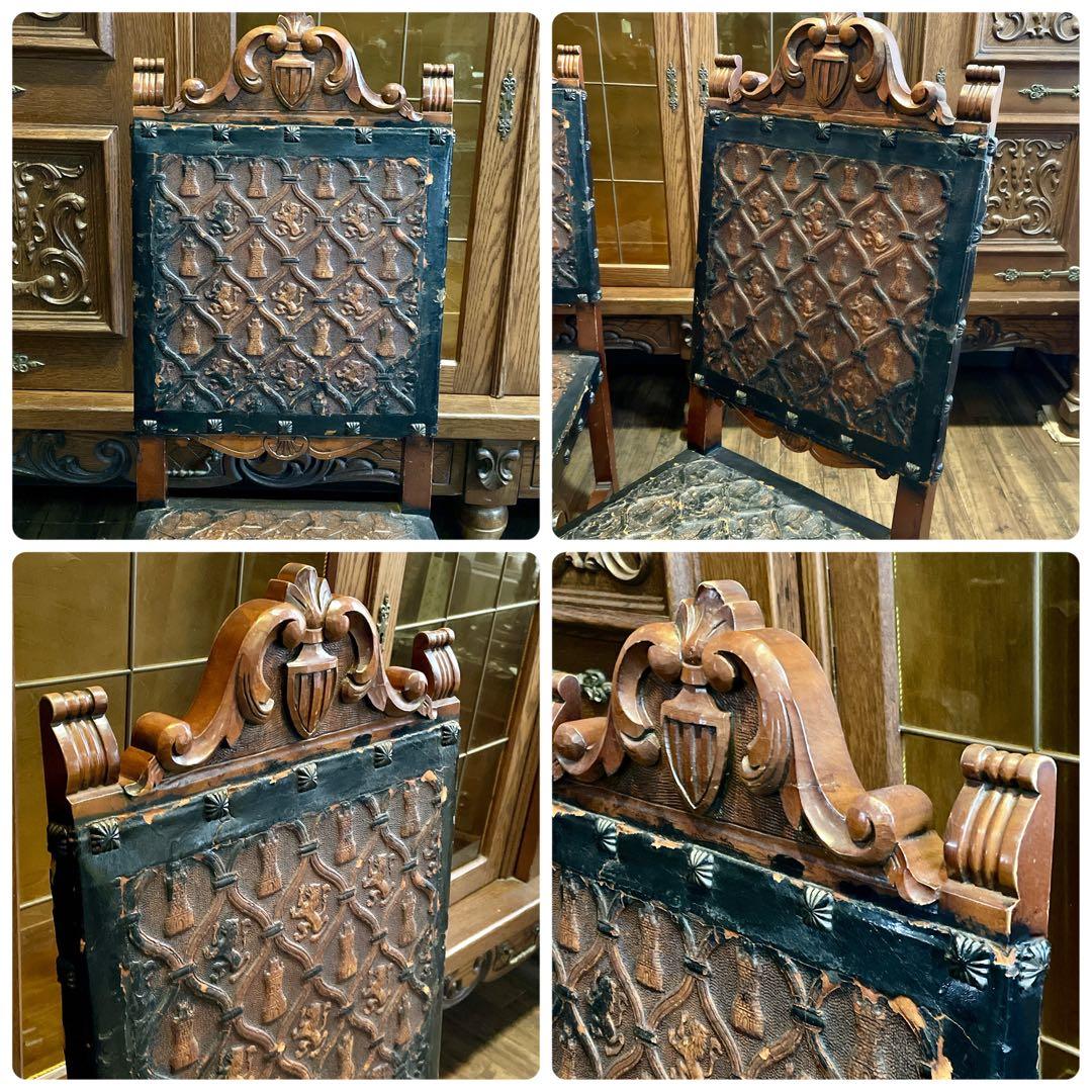 r107 スペイン製 本革型押し 迫力のある力強い印象のアンティークチェア4脚