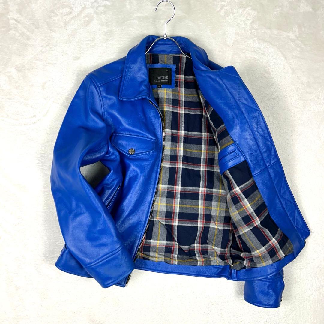 極希少☆FORTIME 牛革 シングルライダースジャケット レザー チェック