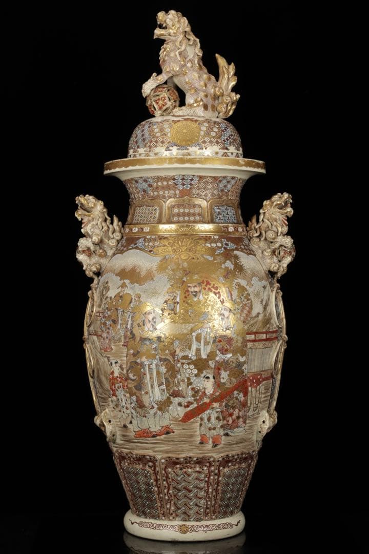 【極上薩摩焼】特大金襴手色絵賢人図獅子摘蓋獅 香炉 飾壺 時代骨董 古美術アート