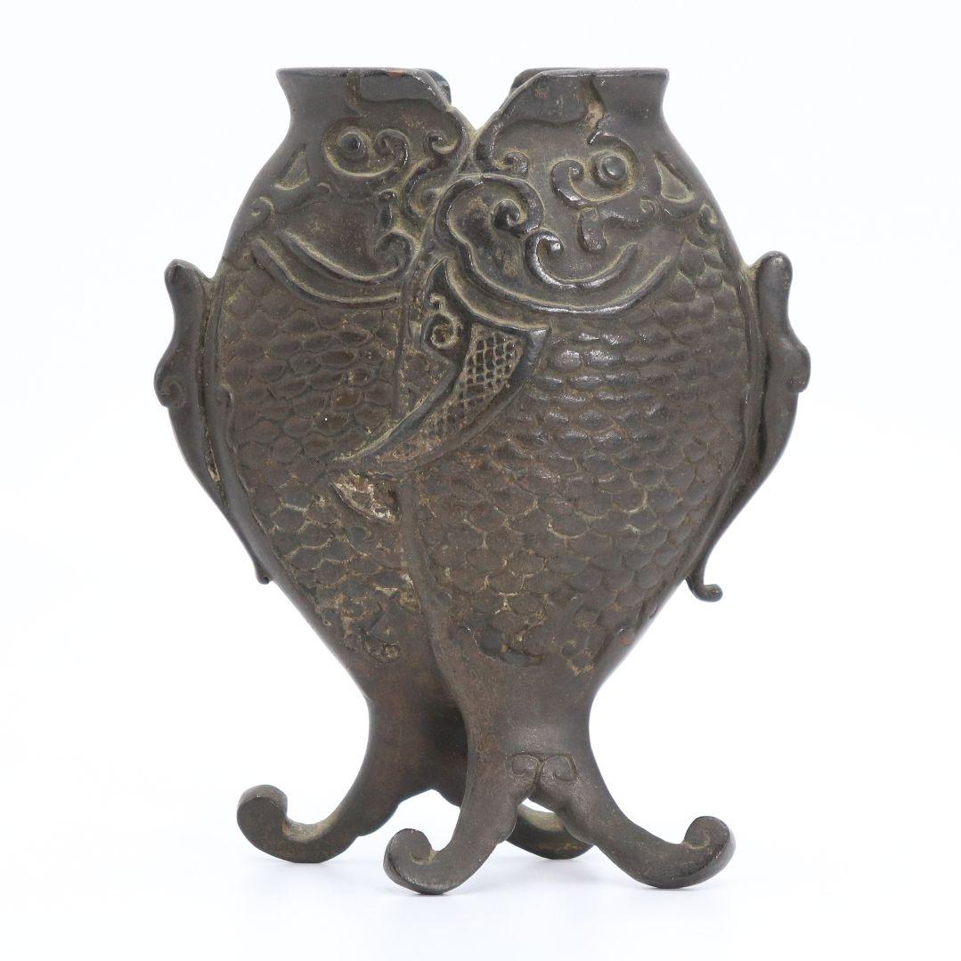 中国 古銅製 双魚花入 花器 花生 魚文 銅器　N64
