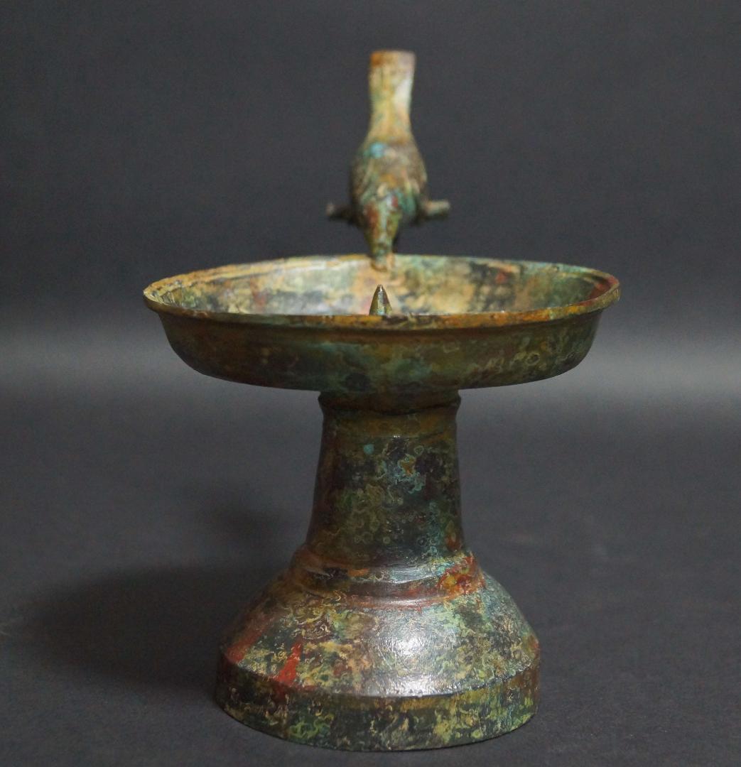 時代青銅製 金工細工 小鳥持ち手 燭台 銅蝋 置物 オブジェ 古美術 茶道具