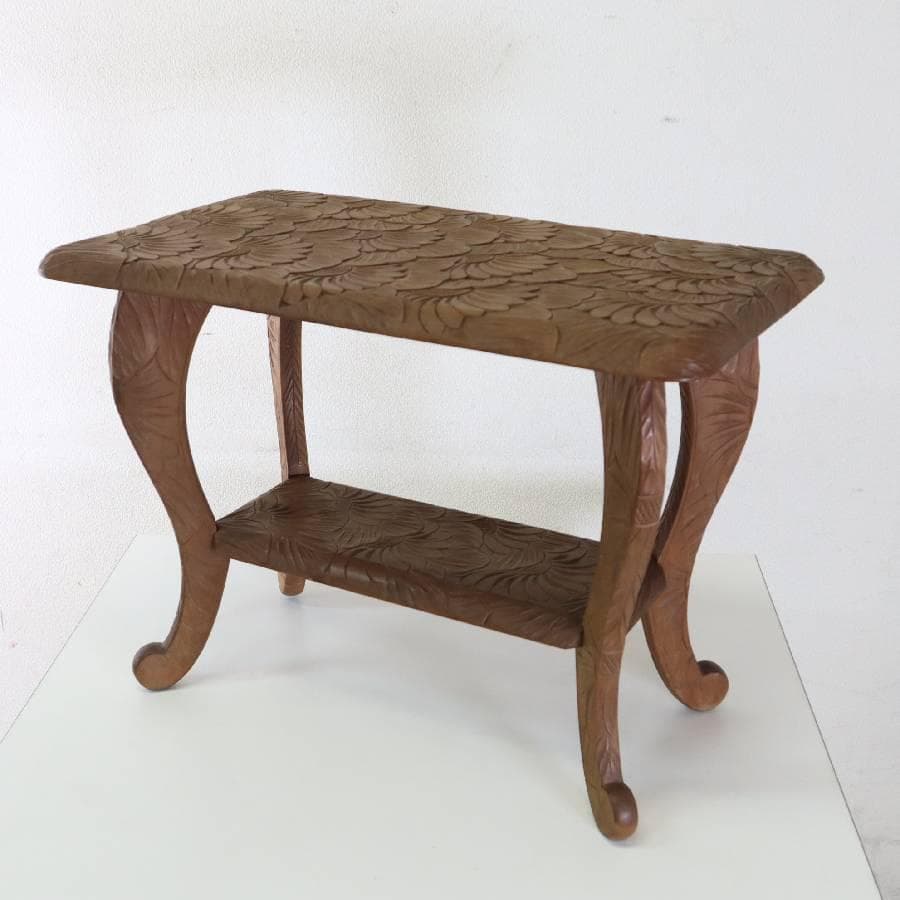 伝統工芸 日光彫 花文 サイドテーブル 花台 幅60cm 棚板付き