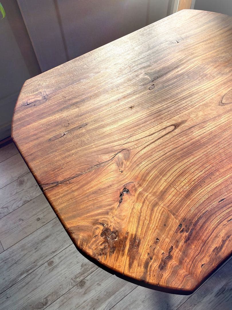 Vintage 赤ケヤキ一枚板　アイアンテーブル　銘木　Cafe table