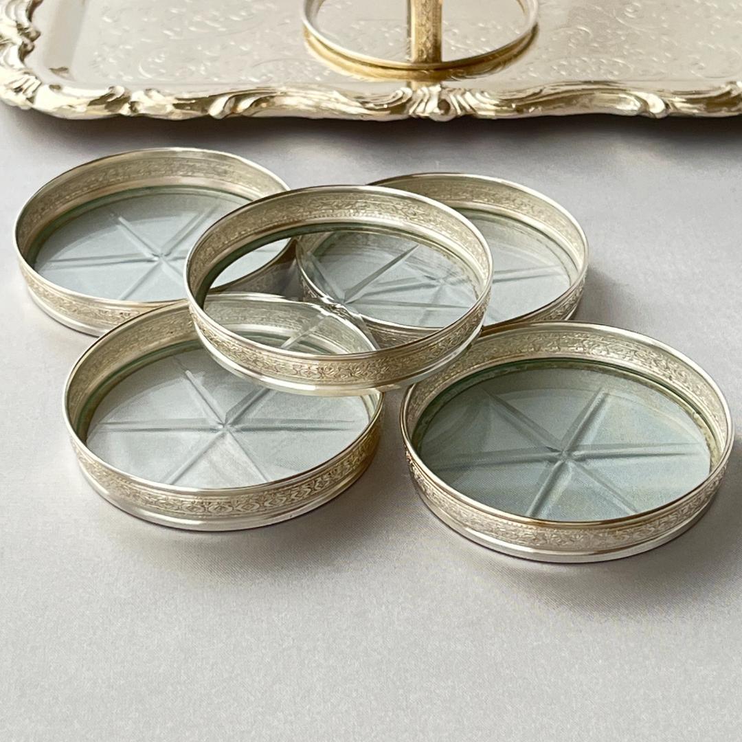 【純銀 / ガラス】ワイングラスコースター 5枚 スターリングシルバー ホルダー