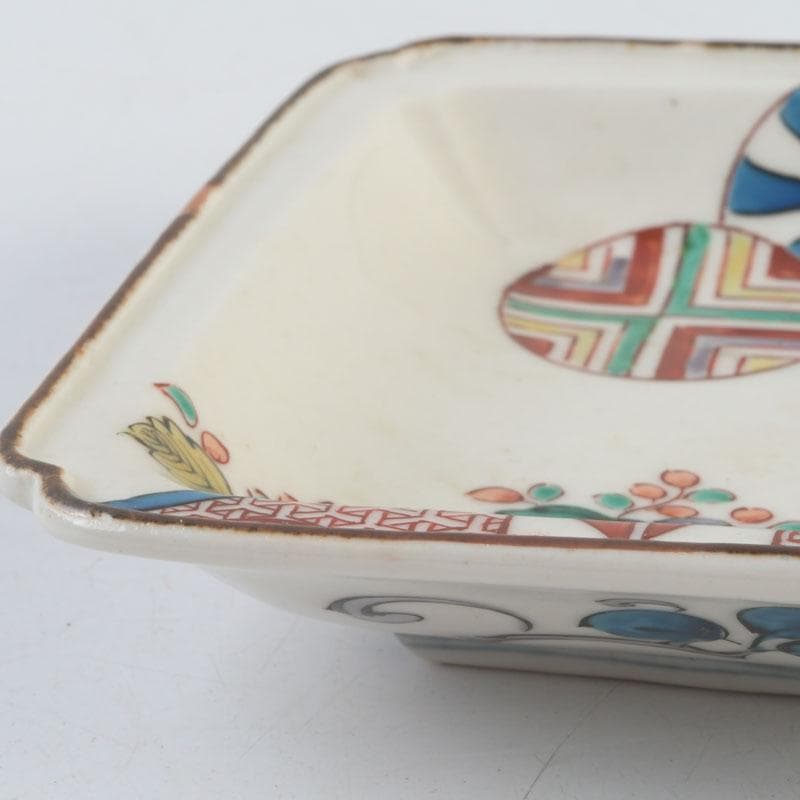 九谷焼　古九谷　角福銘　色絵花草文　四方皿　時代箱　C　9248