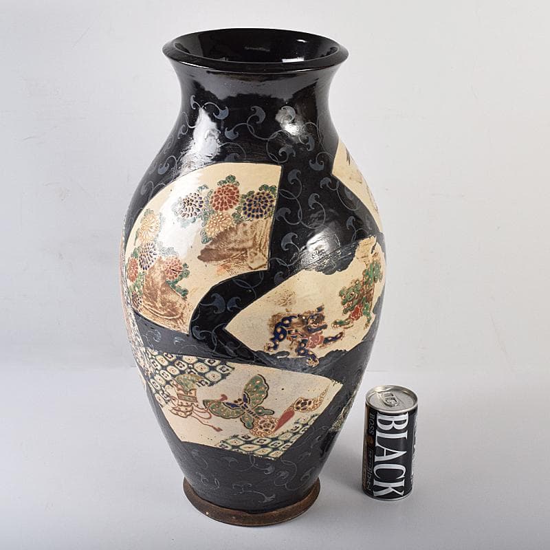 薩摩焼　古薩摩　色絵金彩　扇窓絵鳳凰獅子花文瓶　壷　高さ約45㎝　UR7915B