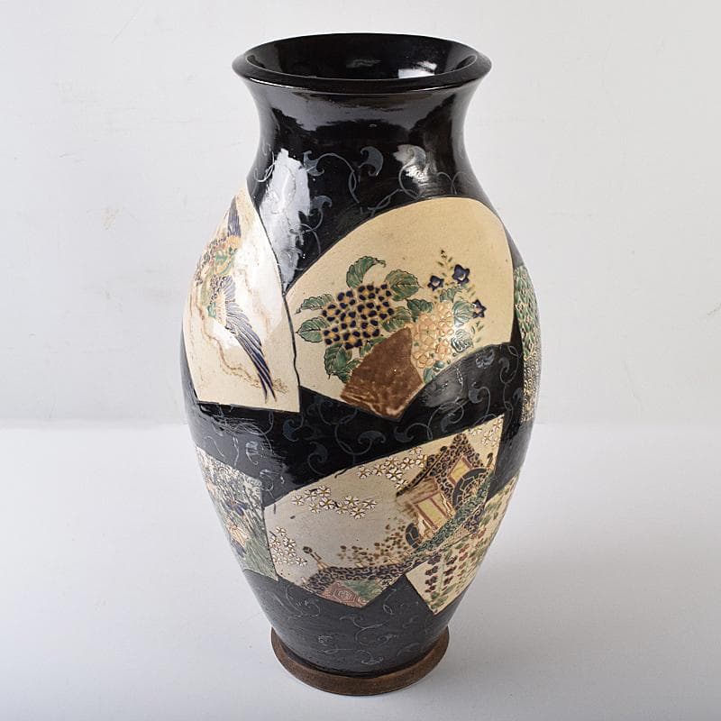 薩摩焼　古薩摩　色絵金彩　扇窓絵鳳凰獅子花文瓶　壷　高さ約45㎝　UR7915B