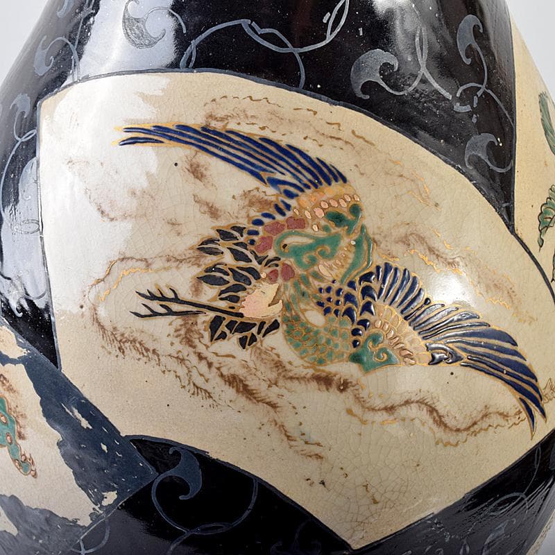 薩摩焼　古薩摩　色絵金彩　扇窓絵鳳凰獅子花文瓶　壷　高さ約45㎝　UR7915B
