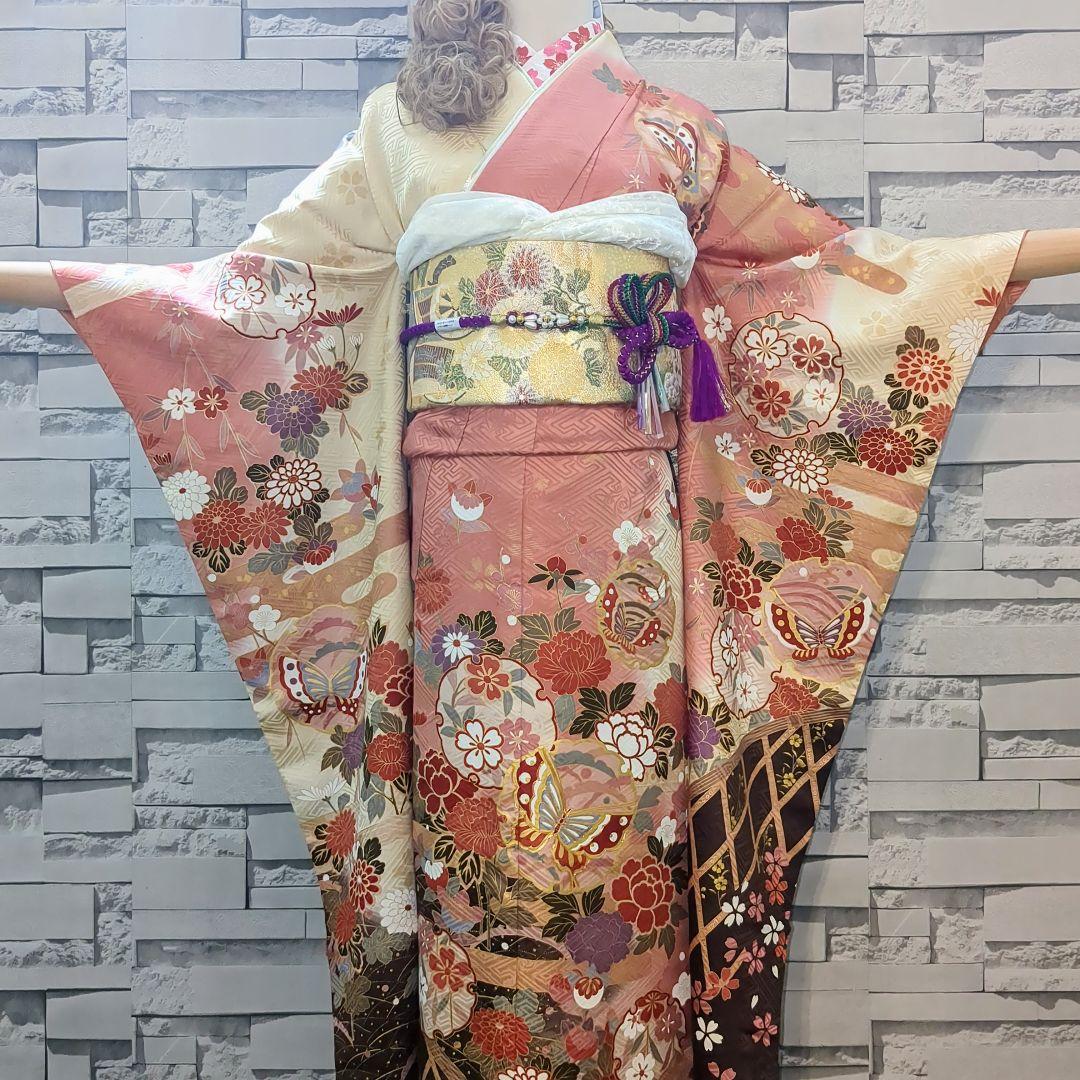 振袖セット 振袖フルセット 駒刺繍 雪輪花蝶文 金彩 ピンク系×クリーム 50