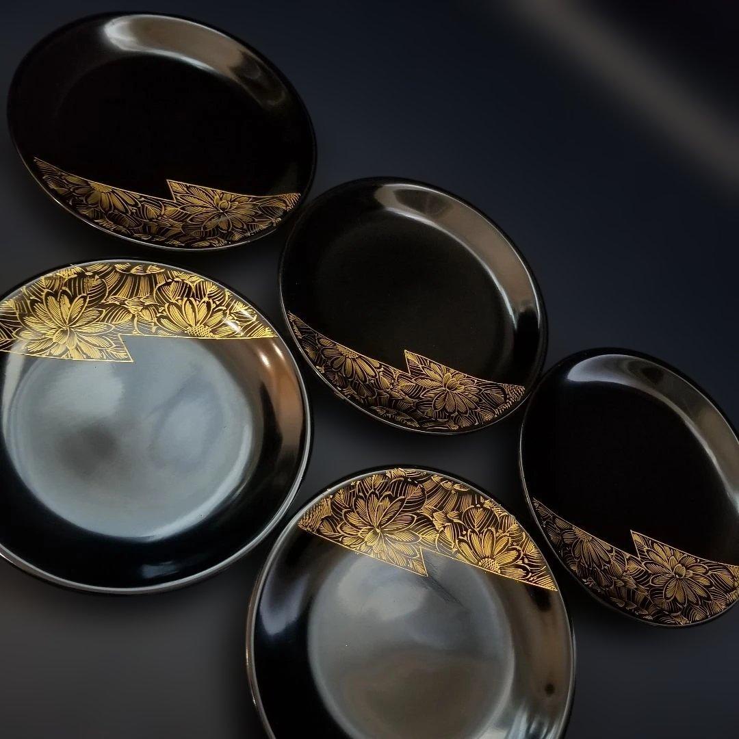 輪島塗 黒漆 沈金 金菊蒔絵 中皿 5枚セット