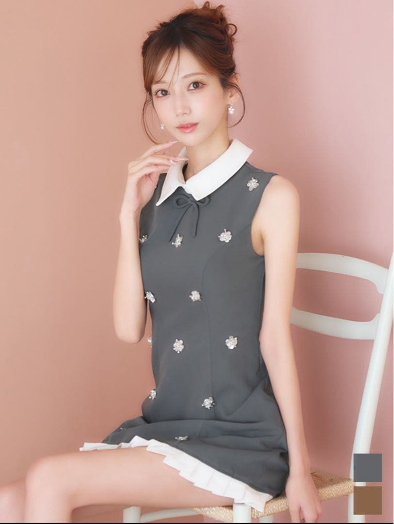 襟付きリボンスパンコールワンピースドレス/キャバドレス