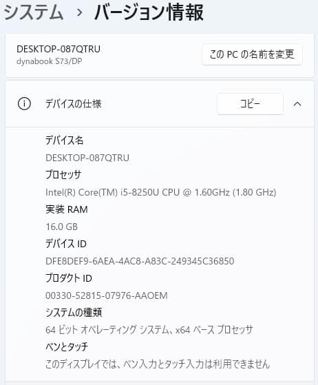 13.3型 dynabook S73/DP 8世代 i5 16GB Office