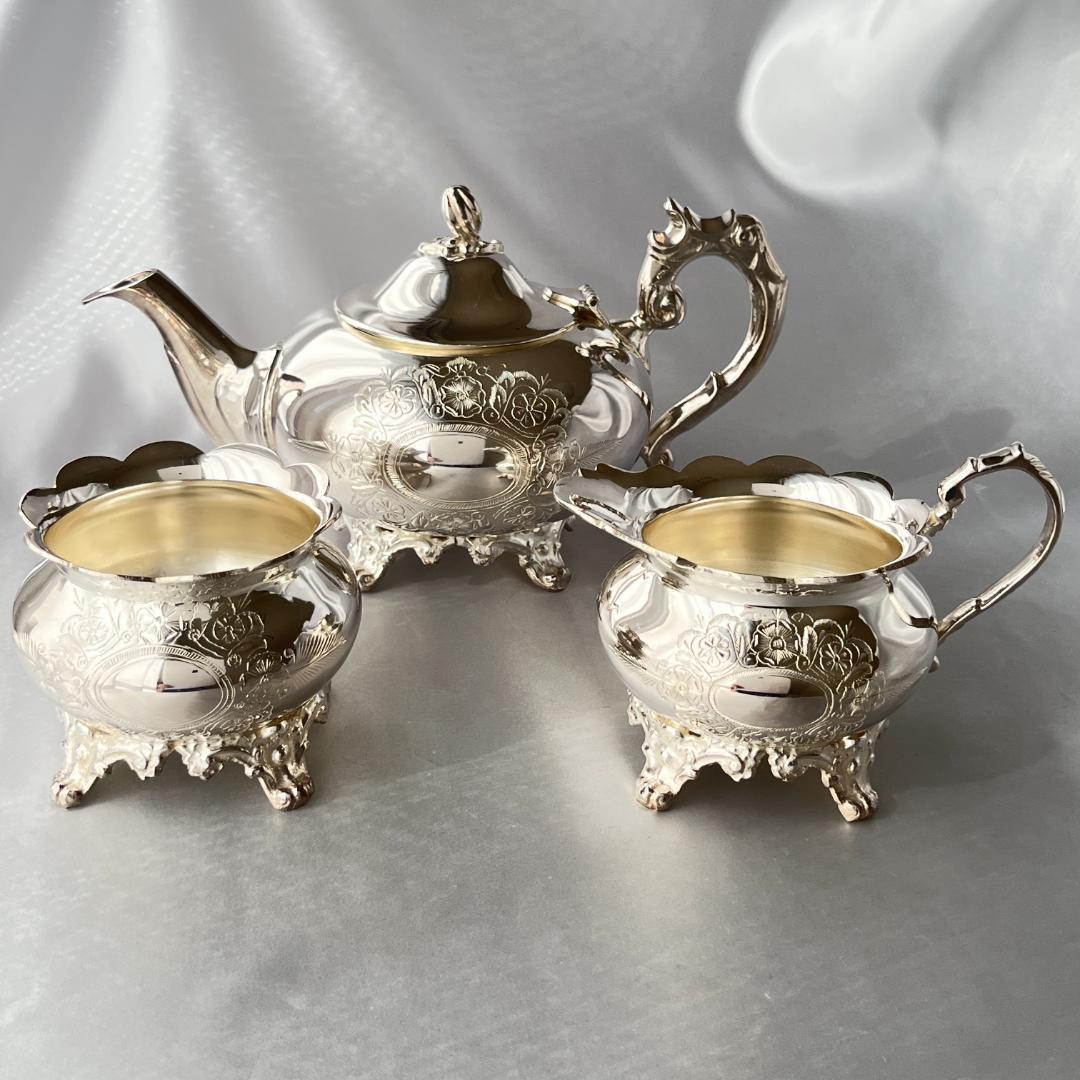 【英国】 ビクトリアンのティーセット 3点【シルバープレート】ティーポット