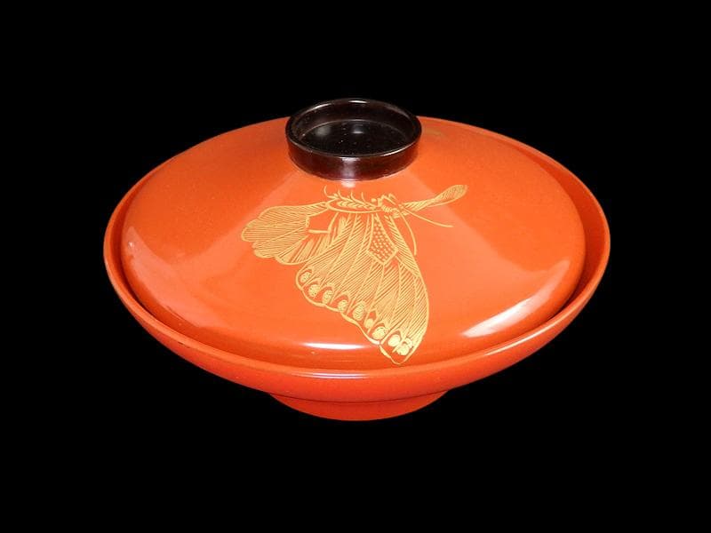 沈金　吸物椀　蝶に孔雀の図　朱色　木製品　５客　N1105AS-fbui
