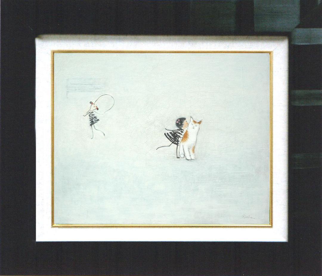 油絵 菅家令子絵 絵画インテリア額付(青緑＋金色の枠)F4-090718子猫女子