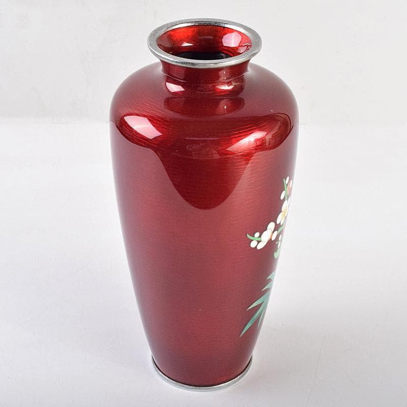 七宝焼　赤透釉　四君子文　花瓶　M　R9121