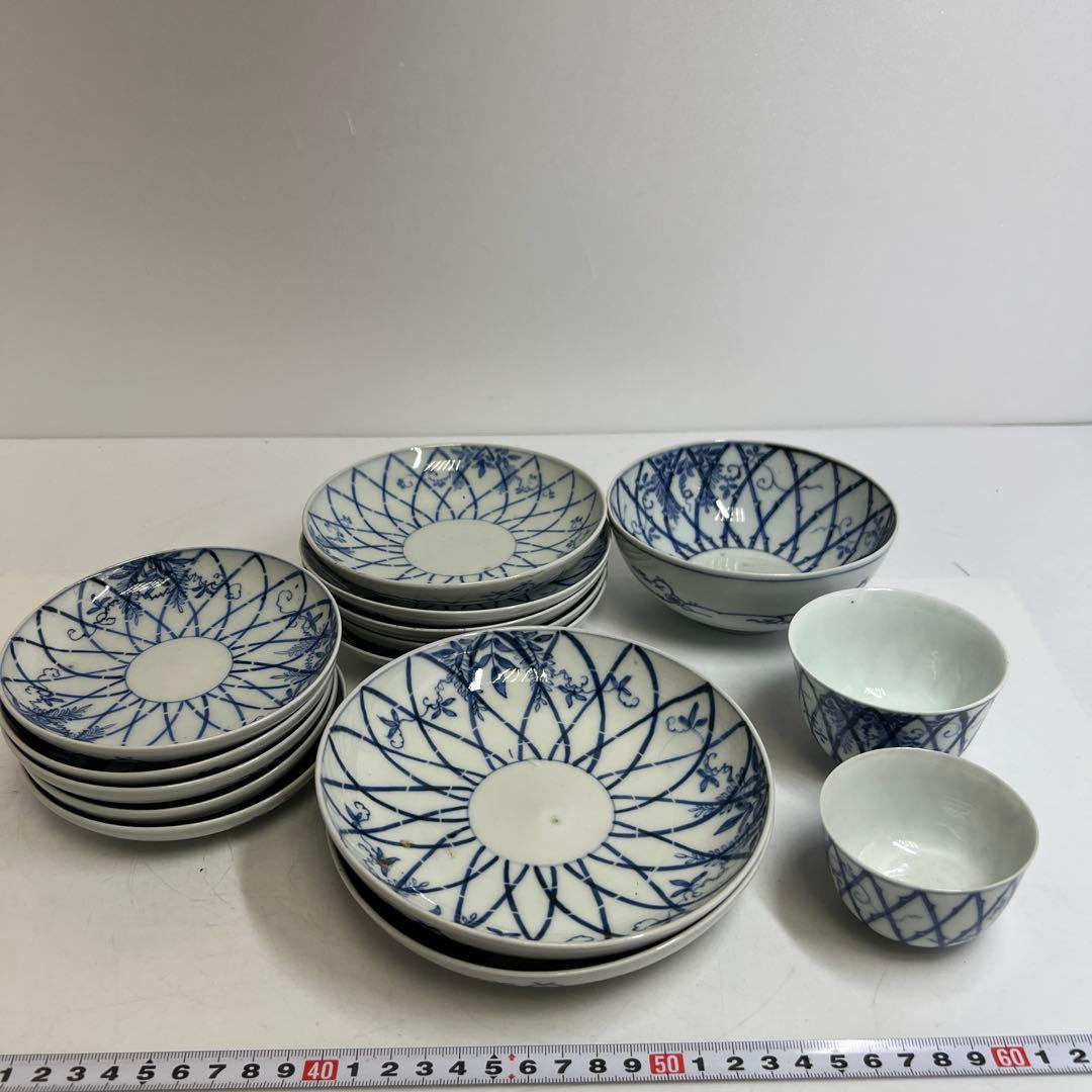 江戸後期　古伊万里　上手竹花文　中皿、猪口　通り物15点　東さ8-0124☆2F