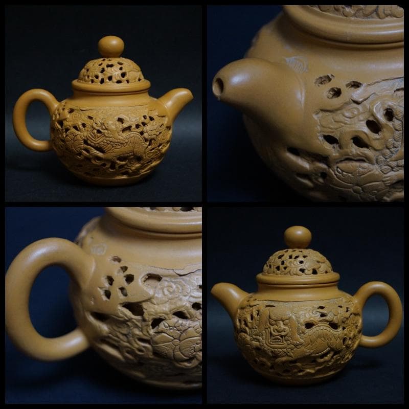 煎茶道具 中国宜興 大唐縷空精彫在銘 紫砂急須 細工彫り『獅子』宜興紫砂壷