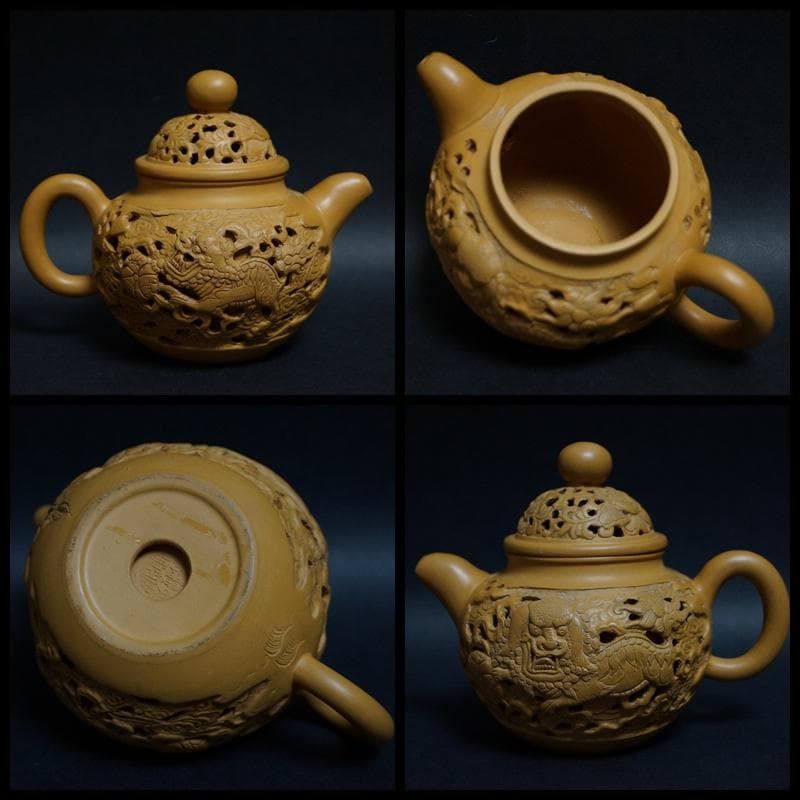 煎茶道具 中国宜興 大唐縷空精彫在銘 紫砂急須 細工彫り『獅子』宜興紫砂壷