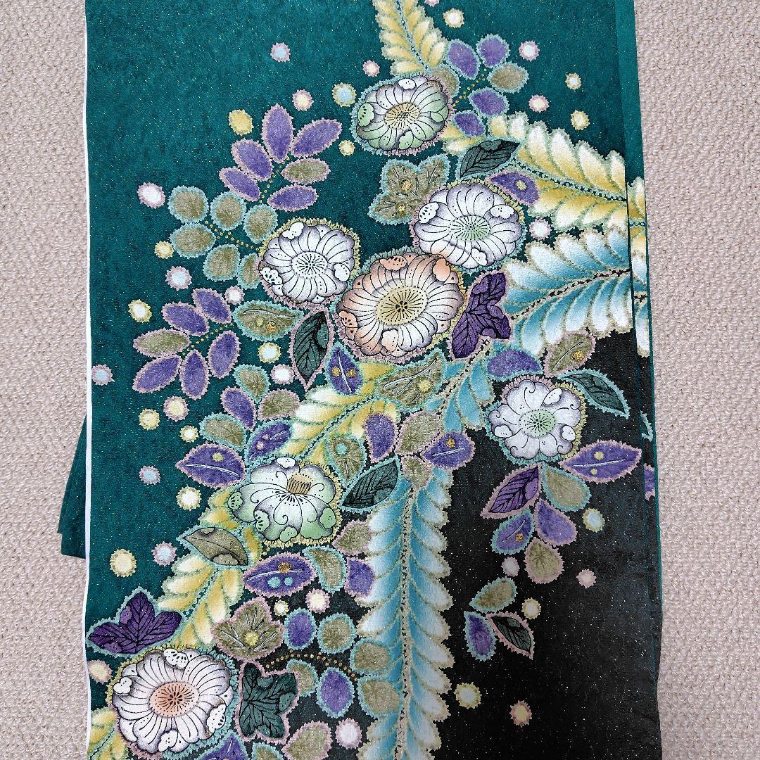 振袖 深い緑色 花柄　辻ヶ花