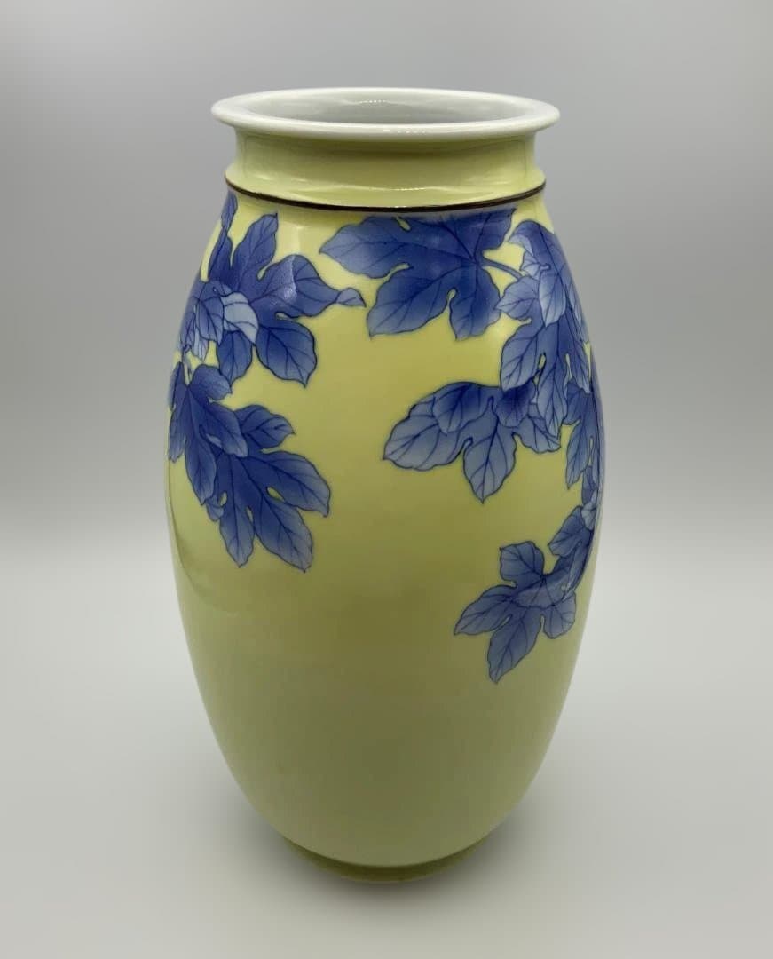 真葛香山 宮川香山 黄釉 青華 梧桐画 花瓶 共箱