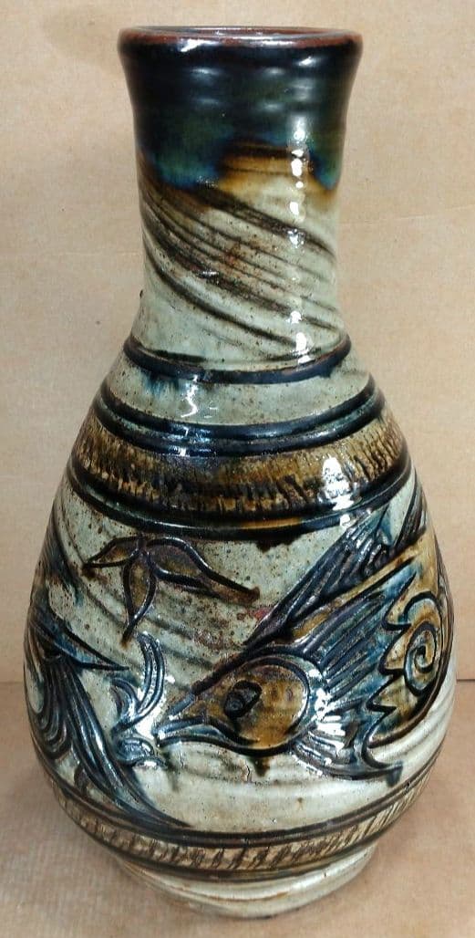 読谷初期【本物保証】金城次郎 魚紋花瓶 共箱 本人書付 h33㎝超 栞 人間国宝
