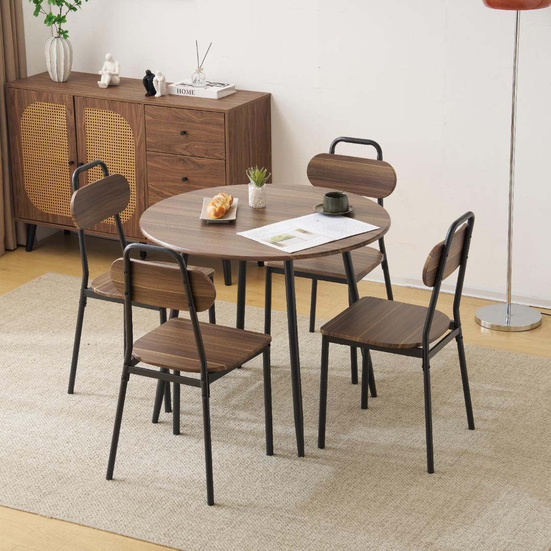 在庫一掃セール！4人掛けダイニング 5点セット　円型　コンパクト　BROWN