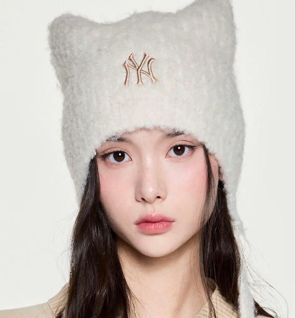 ラスト1点☆MLB Korea 猫耳 ミャオン ビーニー 紐付き 韓国限定 白