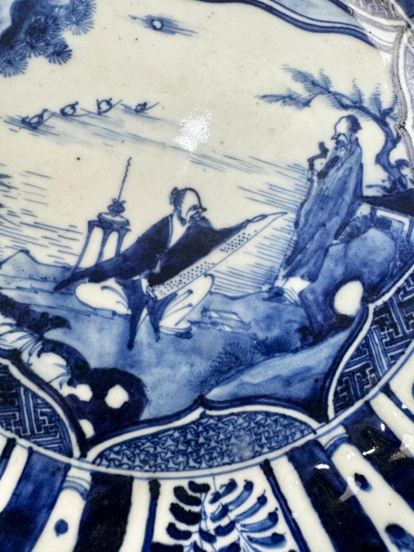 明末時代 章州平和窯 東インド会社クラック瓷青花葵口開光高士図大皿WWTT105