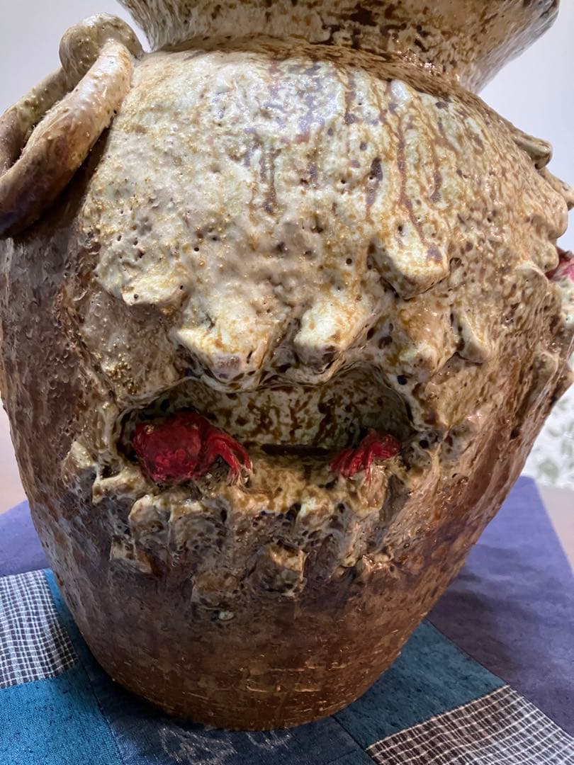 楽山焼、蟹細工壺、アンティーク壺 工芸品、骨董品、陶芸