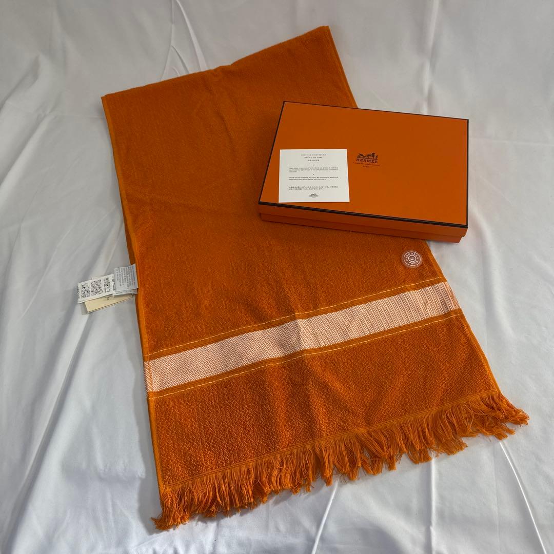 未使用 HERMES エルメス フェイスタオル オレンジ バンロゴ