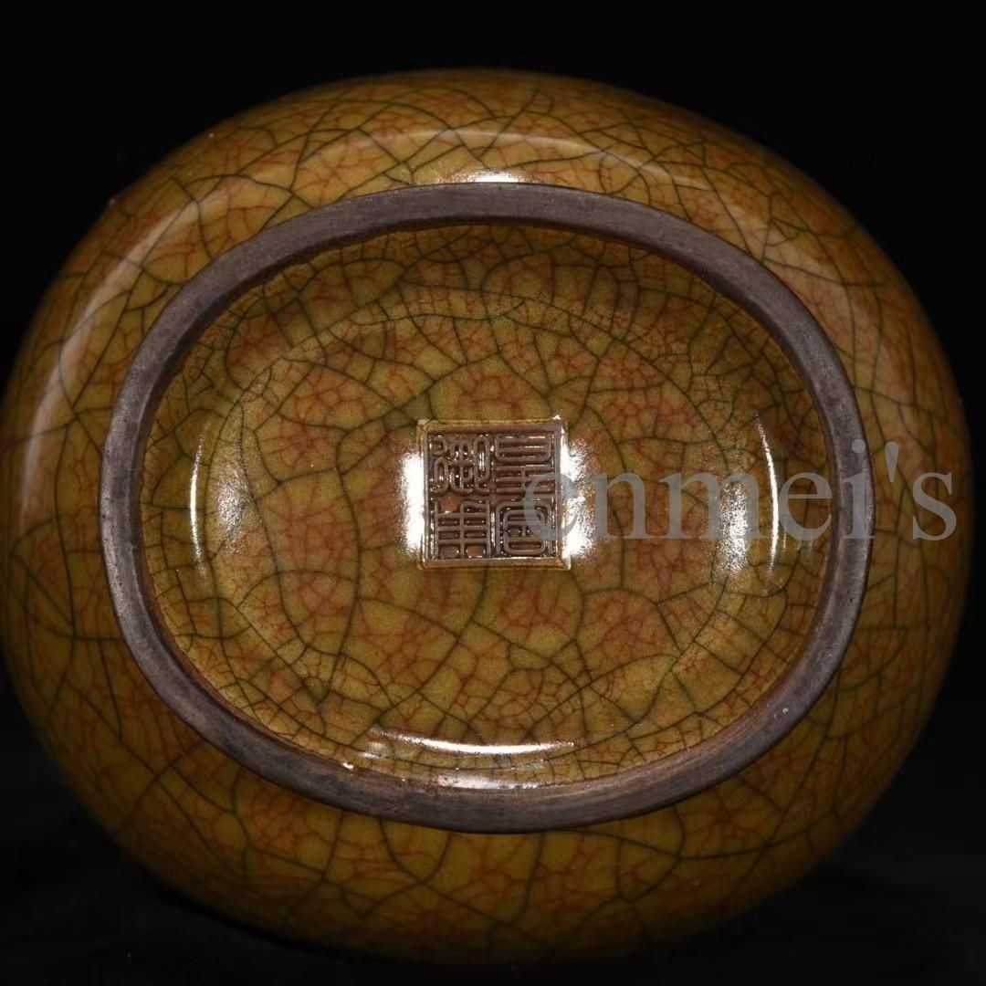 旧蔵【宋哥窯風 クラックル釉 貫耳瓶】持ち手付き花瓶|古美術|陶磁器|置物