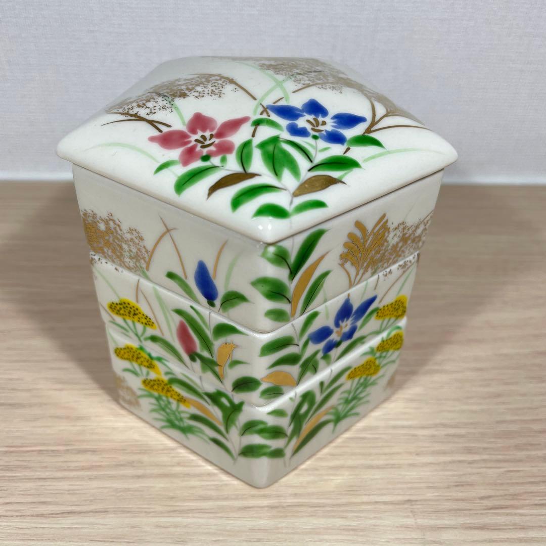 値下げ【昭和】五角形　陶器　三段　かさね重　合格縁起物