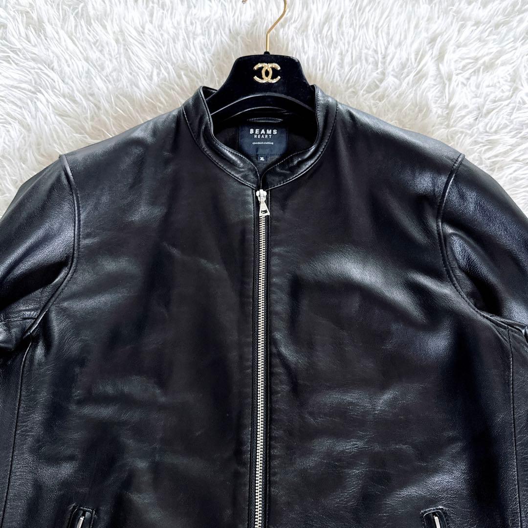 【BEAMS HEART】シングルライダースジャケット 羊革 ブラック XL